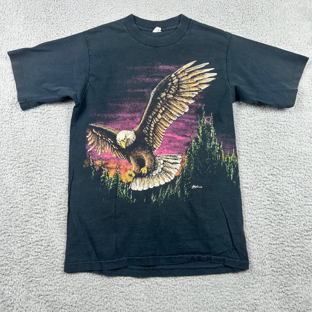 VTG Bald Eagle 80s Single Stitch Crewneck T-Shirt Mens Medium Black Made‎ In USA